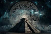 A dramatic but tasteful visual combining a Mayan pyramid (e.g. Chichen Itzá) and a faint overlay of the Long Count calendar glyphs, with a cosmic or starry background.