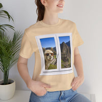 Funny Llama at the Window with Machu Picchu View Unisex T-Shirt