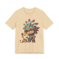 Chibi Aztec Warrior and Jaguar Cub Cartoon Unisex T-Shirt