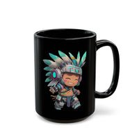 Cyber Aztec Chibi Warrior Neon Style Black Mug