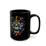 Funny Aztec Skull with Neon Circuits Black Mug