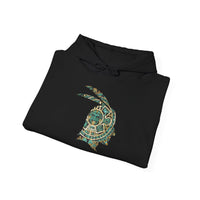 A Turquoise and Gold Mayan Warrior Face Unisex Hoodie