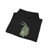 A Turquoise and Gold Mayan Warrior Face Unisex Hoodie
