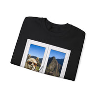 Funny Llama at the Window with Machu Picchu View Unisex Sweatshirt
