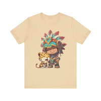 Chibi Aztec Warrior and Jaguar Cub Cartoon Unisex T-Shirt