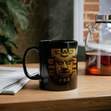 Ancient Andean Warrior Mask Golden Glyph Style Black Mug