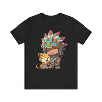 Chibi Aztec Warrior and Jaguar Cub Cartoon Unisex T-Shirt