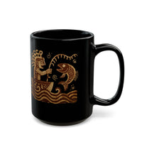 Pre-Hispanic Fisherman with Symbolic Fish Glyph Style Black Mug