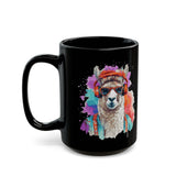 Hippie Llama in Sunglasses Watercolor Style Black Mug
