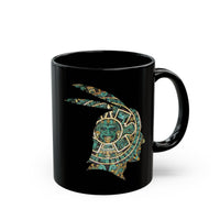A Turquoise and Gold Mayan Warrior Face Black Mug