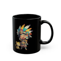 Aztec Chibi Girl with Jaguar Cub Warrior Culture Black Mug