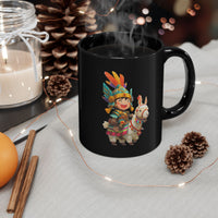 Chibi Inca Warrior Riding Llama Cartoon Black Mug