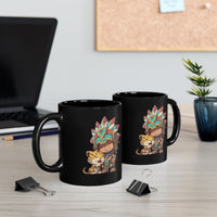 Chibi Aztec Warrior and Jaguar Cub Cartoon Black Mug