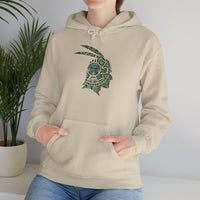 A Turquoise and Gold Mayan Warrior Face Unisex Hoodie