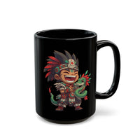 Chibi Aztec Warrior with Baby Quetzalcoatl Serpent Black Mug