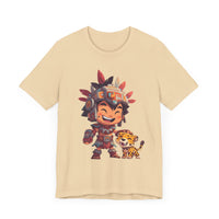 Chibi Aztec Warrior with Jaguar Cub Cartoon History Unisex T-Shirt