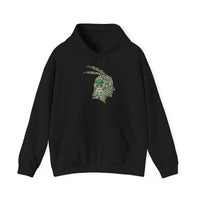 A Turquoise and Gold Mayan Warrior Face Unisex Hoodie