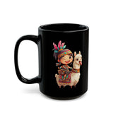 Playful Inca Girl and Llama Cartoon Black Mug