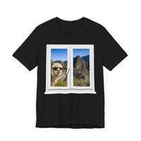 Funny Llama at the Window with Machu Picchu View Unisex T-Shirt