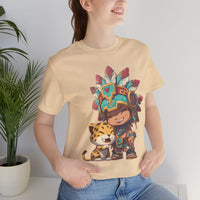 Chibi Aztec Warrior and Jaguar Cub Cartoon Unisex T-Shirt