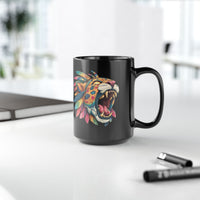 Comic Style Jaguar Mask with Rainbow Feathers Black Mug