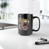 Comic Style Jaguar Mask with Rainbow Feathers Black Mug
