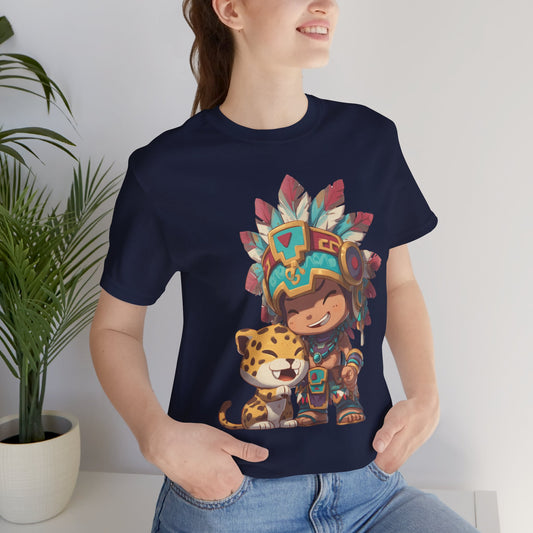 Chibi Aztec Warrior and Jaguar Cub Cartoon Unisex T-Shirt