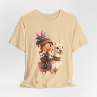 Playful Inca Girl and Llama Cartoon Unisex T-Shirt