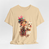 Playful Inca Girl and Llama Cartoon Unisex T-Shirt