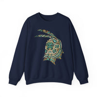 A Turquoise and Gold Mayan Warrior Face Unisex Sweatshirt