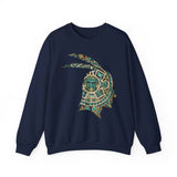 A Turquoise and Gold Mayan Warrior Face Unisex Sweatshirt