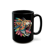 Comic Style Jaguar Mask with Rainbow Feathers Black Mug
