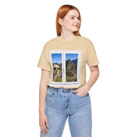 Funny Llama at the Window with Machu Picchu View Unisex T-Shirt