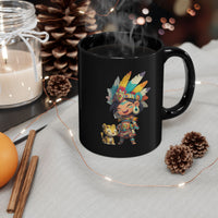 Aztec Chibi Girl with Jaguar Cub Warrior Culture Black Mug