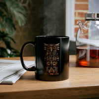 Stacked Tribal Totem Symbols Geometric Faces Black Mug