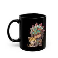Chibi Aztec Warrior and Jaguar Cub Cartoon Black Mug