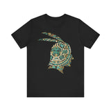 A Turquoise and Gold Mayan Warrior Face Unisex T-Shirt