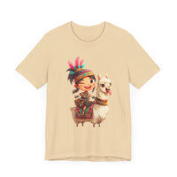 Playful Inca Girl and Llama Cartoon Unisex T-Shirt