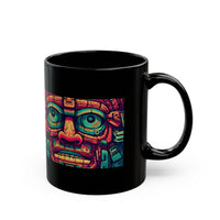 Neon Aztec Mask God Illustration Black Mug