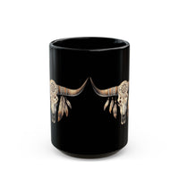 Boho Aztec Feathered Bull Skull Illustration Black Mug