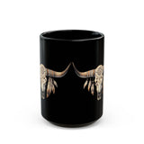 Boho Aztec Feathered Bull Skull Illustration Black Mug