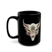 Sacred Floral Cow Skull Mandala Illustration Black Mug