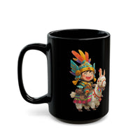 Chibi Inca Warrior Riding Llama Cartoon Black Mug