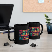 Neon Aztec Mask God Illustration Black Mug