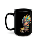 Aztec Chibi Girl with Jaguar Cub Warrior Culture Black Mug