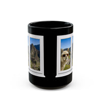 Funny Llama at the Window with Machu Picchu View Black Mug