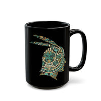 A Turquoise and Gold Mayan Warrior Face Black Mug