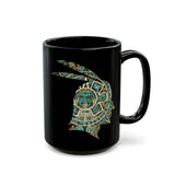 A Turquoise and Gold Mayan Warrior Face Black Mug