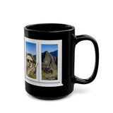 Funny Llama at the Window with Machu Picchu View Black Mug