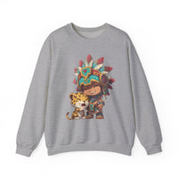Chibi Aztec Warrior and Jaguar Cub Cartoon Unisex Sweatshirt
